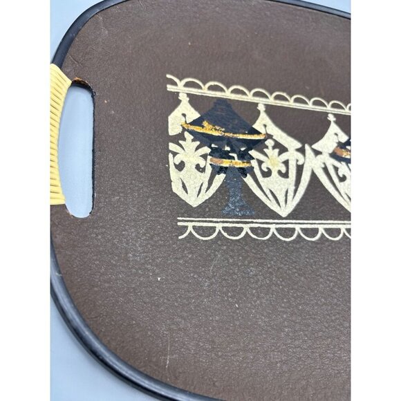 Vtg MCM Oval Brown Serving Tray Woven Handles Hand Painted - Picture 2 of 7